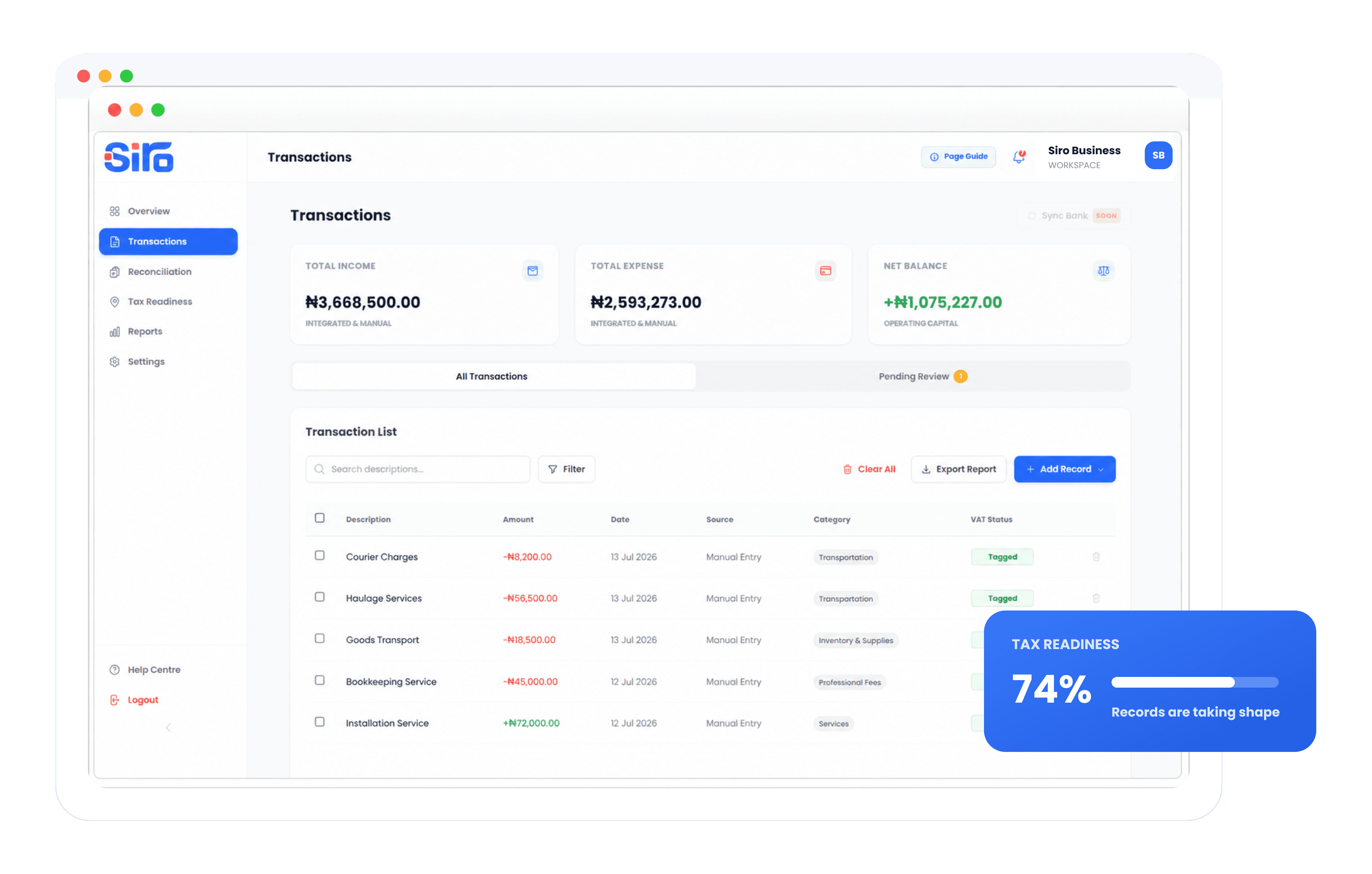 Siro transactions dashboard